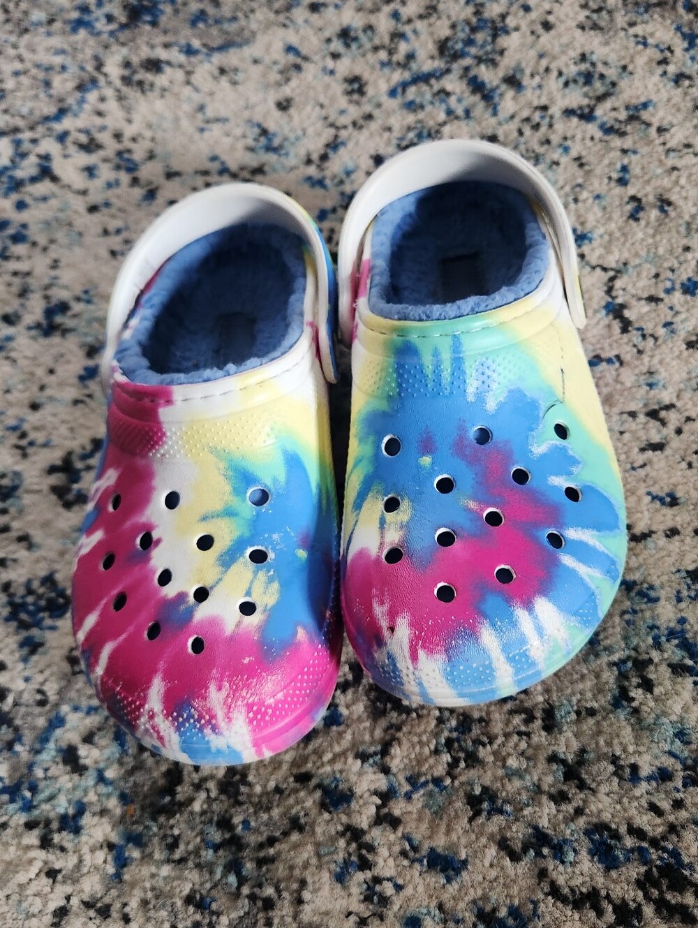 Tie-Dye Kids Crocs with Fleece Lining - Blue, Pink & Yellow
